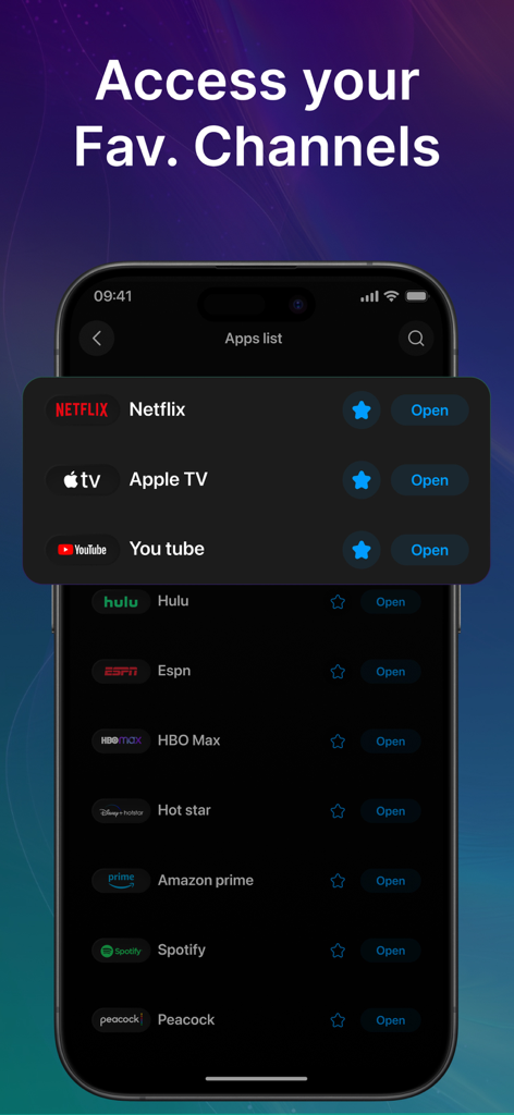 Universal Remote: All Smart TV - Mobile app interface displaying a list of favorite streaming services for quick access