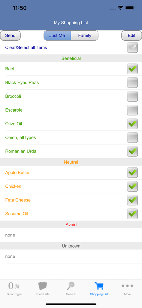 Blood Type Diet® - Un elenco della spesa nell'app Blood Type Diet che mostra categorie di alimenti benefici e neutri per un utente