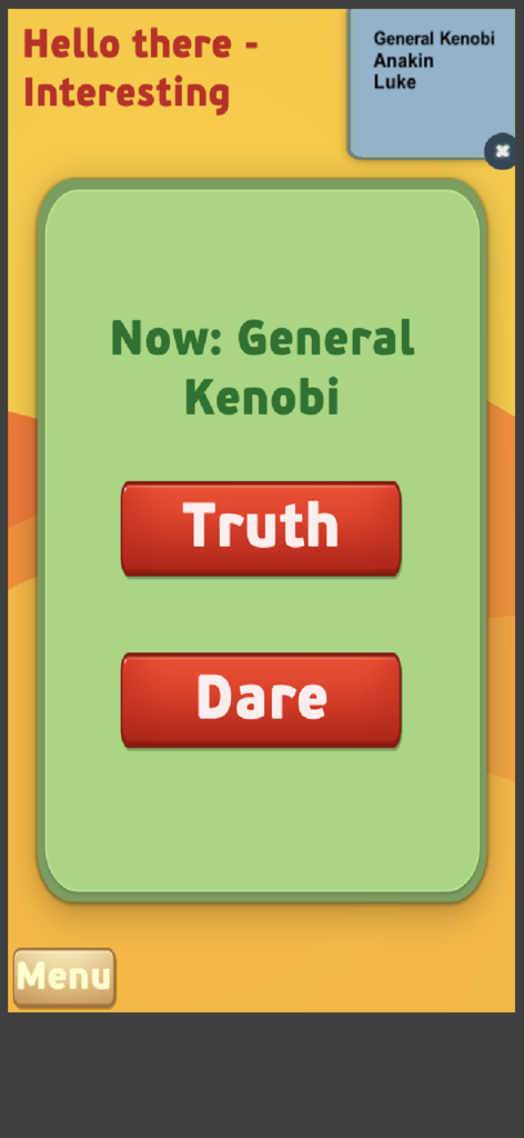 TOD Truth or Dare - The choice screen of TOD Truth or Dare app with Truth and Dare buttons for the current player.