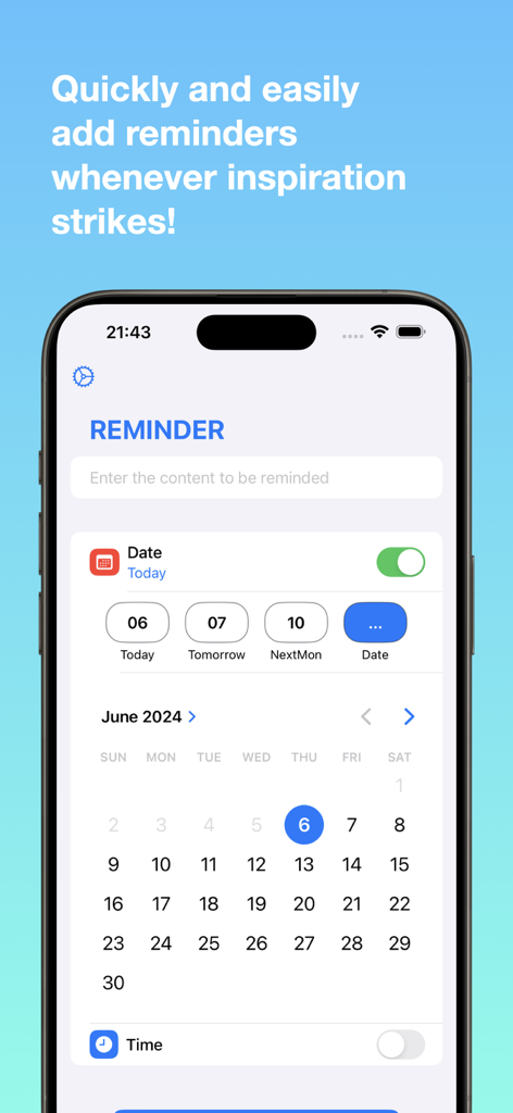 Quick Add Reminders & Calendar - Interface of the Quick Add Reminders app showing a calendar view for selecting task dates on an iPhone.