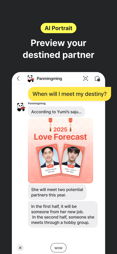 HelloBot AI chatbot predicting destined partners with love forecast portraits.