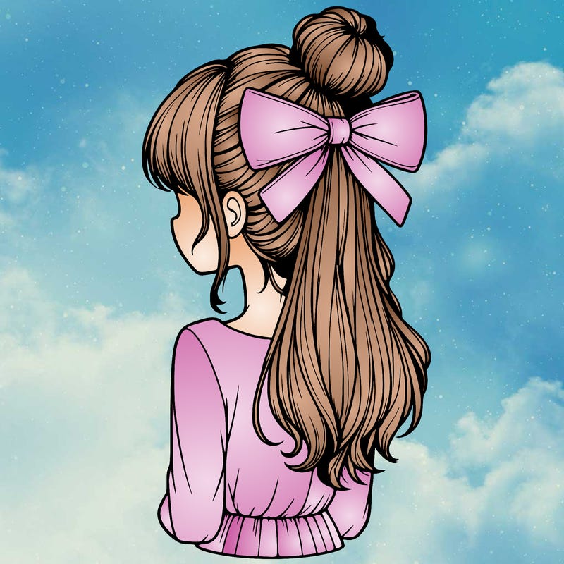 realistic girl  with hip length hair a bun and a big bow on the back of head