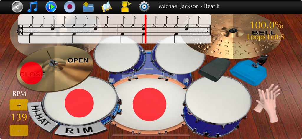 Interface of the Learn Drums app showing a virtual drum kit with drum tabs for the song Beat It