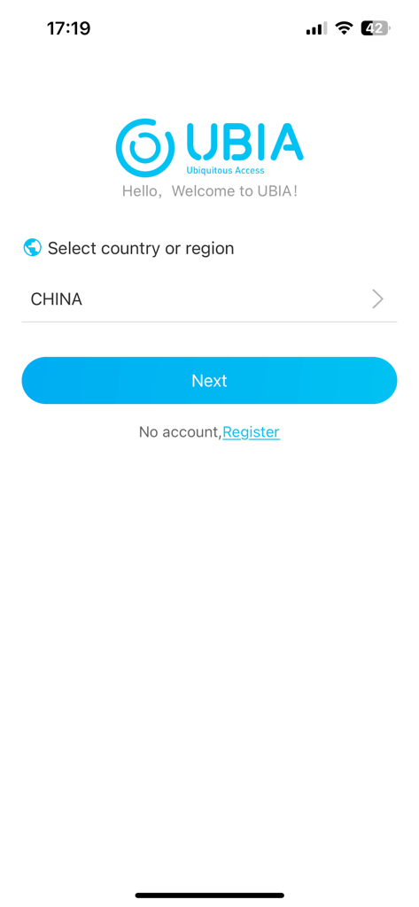 L'écran d'accueil initial de l'application UBoxPro avec sélection de région et lien d'inscription pour les nouveaux utilisateurs.