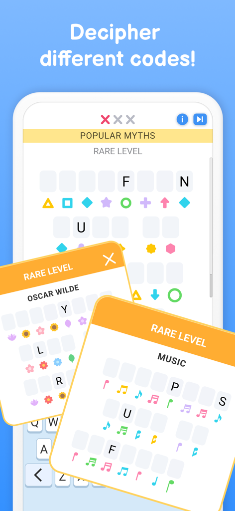 Screenshot di un gioco di parole mobile che mostra puzzle crittografici con simboli e livelli rari