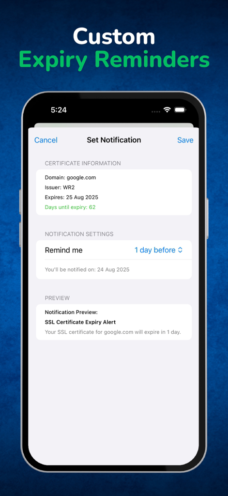 Interface do aplicativo Verificador de SSL para definir notificações e lembretes personalizados de expiração de certificado
