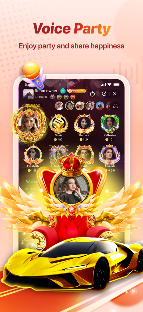 Tada - Group Voice Chat Rooms - Tada app screen displaying a voice party with avatars in ornate frames and a luxury car entrance effect