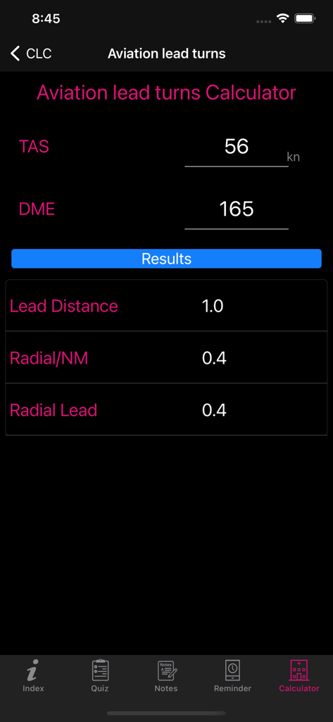 Aviation lead turns calculator within the ATR 72 flight simulator app showing TAS and DME inputs