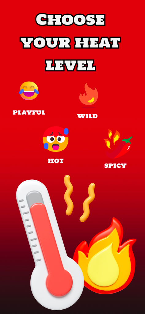 Oberfläche der Sex-Spiele-App für Paare, die vier Hitzestufen von verspielt bis scharf mit einer Thermometergrafik zeigt