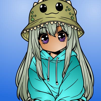 girl with anime shaped eyes with a dinosaur bucket hat oversized sweatshirt long straight hair