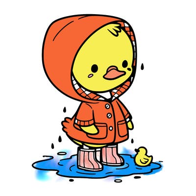 baby duck in a rain coat and boots, in a puddle while it’s raining