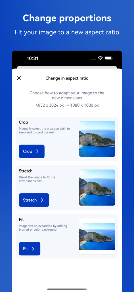 Photo & Picture Resizer - Schermata dell'app mobile che mostra opzioni di ritaglio, allungamento e adattamento per cambiare le proporzioni della foto