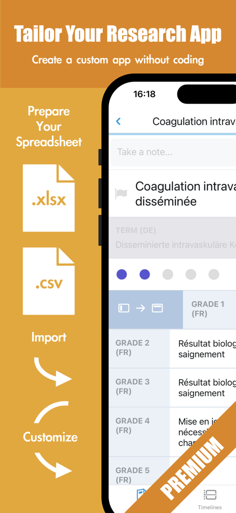 A promotional screen for CTCAE 5 Pro showing how users can create a custom research app by importing XLSX or CSV spreadsheets without coding.