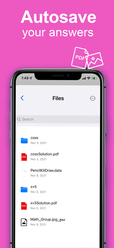 Math Solver Homework helper - Screenshot of the Math Solver app showing a list of autosaved homework solutions and files