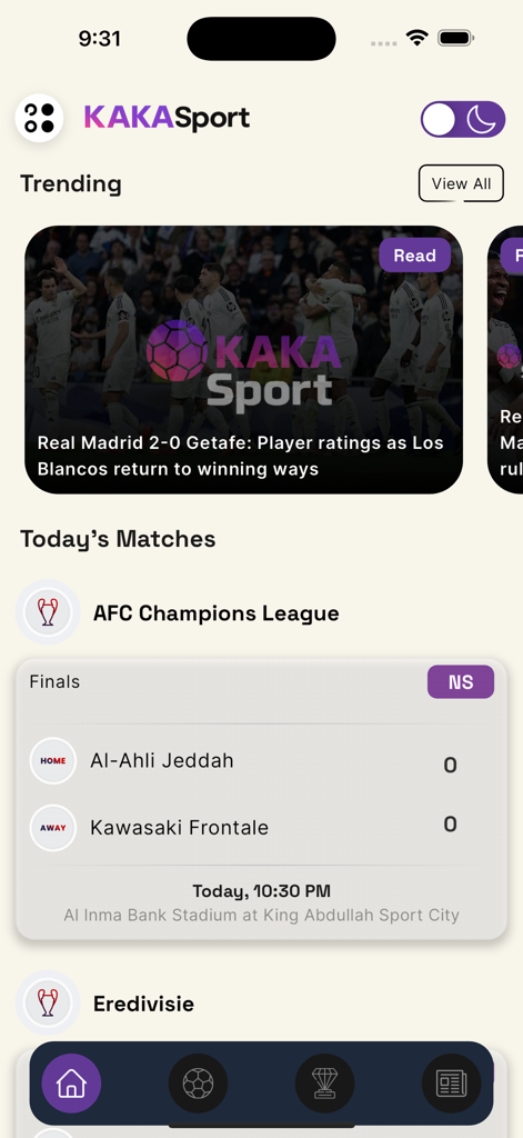 KAKA Sport app interface displaying trending news and live football match details