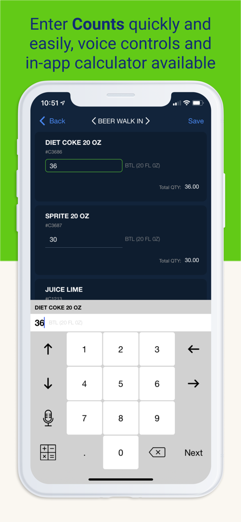 Crunchtime Counter - Crunchtime Counter app interface for entering inventory counts with voice control and calculator features