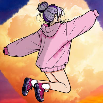 realistic girl jumping with a bun and oversized sweatshirt