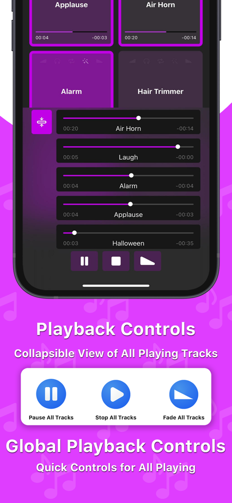 Soundboard Studio - Interface of Soundboard Studio app showing global playback controls and a list of active sound tracks with progress bars