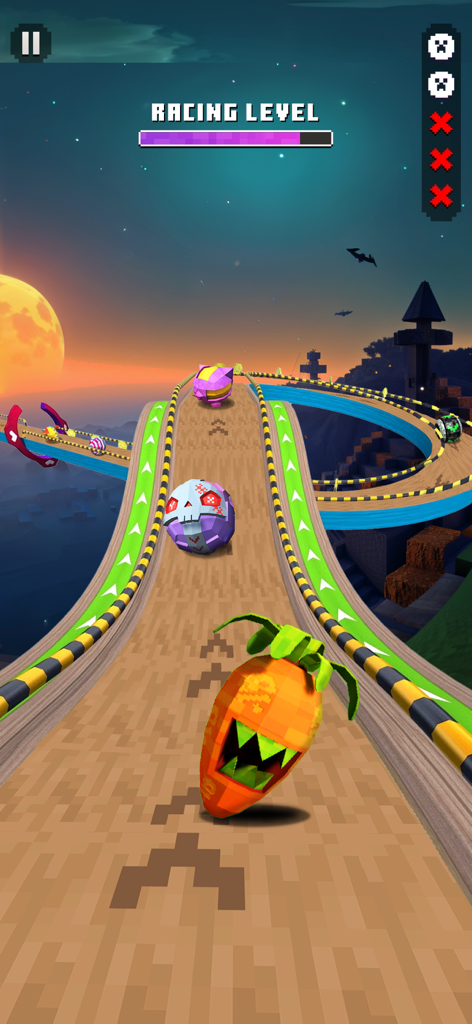 Super Rolling Ball Balance - A carrot skin ball and a skull ball racing on a blocky wooden track in a sky parkour level.