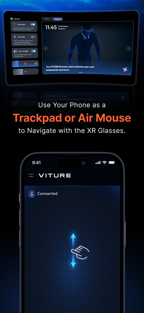 Uma tela de iPhone sendo usada como trackpad e mouse aéreo para navegar na interface de realidade virtual do SpaceWalker.