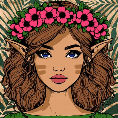 realistic female elf with flower crown