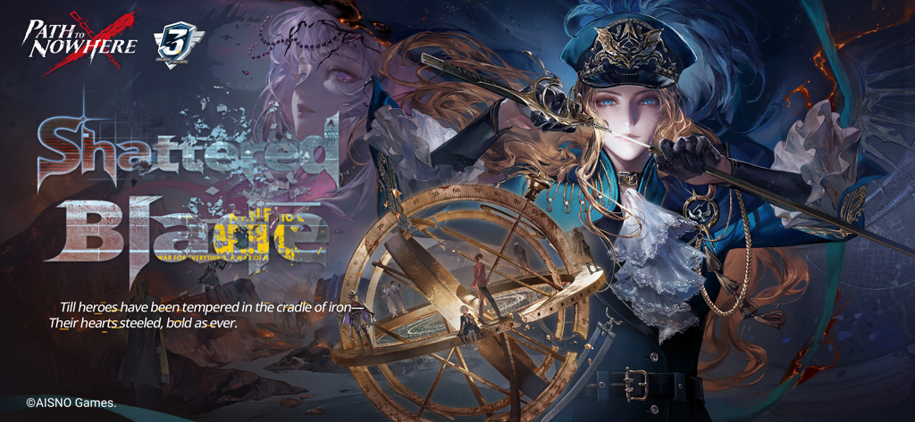 Path to Nowhere - Banner promocional do jogo Path to Nowhere com a atualização Shattered Blade e um personagem em uniforme militar azul