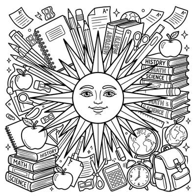 Get ready for a brilliant new school year with this exciting coloring page, featuring a friendly sun radiating energy amidst a collection of essential school supplies. Perfect for students and teachers alike, this design invites you to fill every detail with your favorite colors.