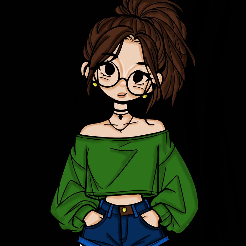 girl with a messy ponytail glasses a baggy crop top and jean shorts