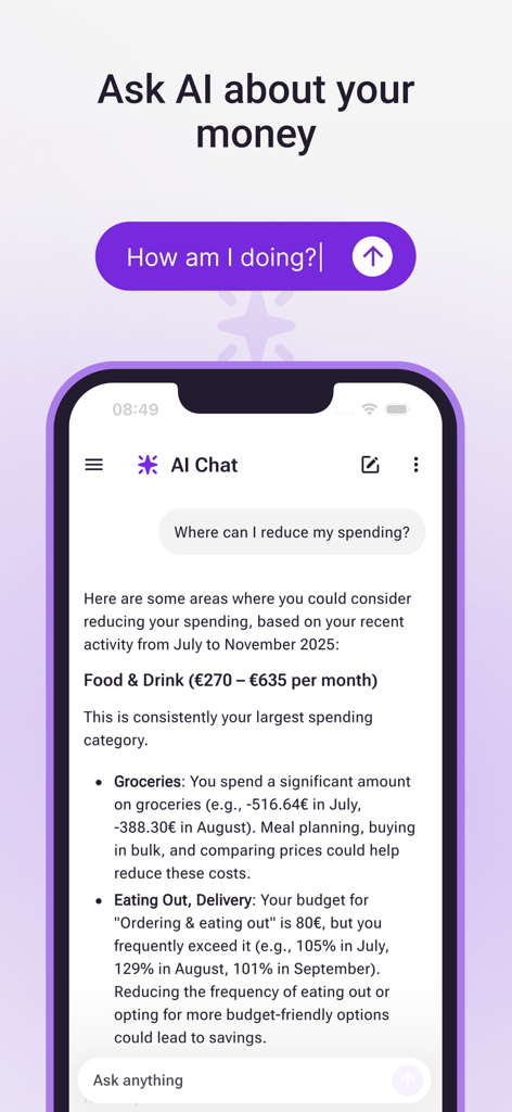 Bilance app AI chat interface showing personalized financial advice and spending reduction tips