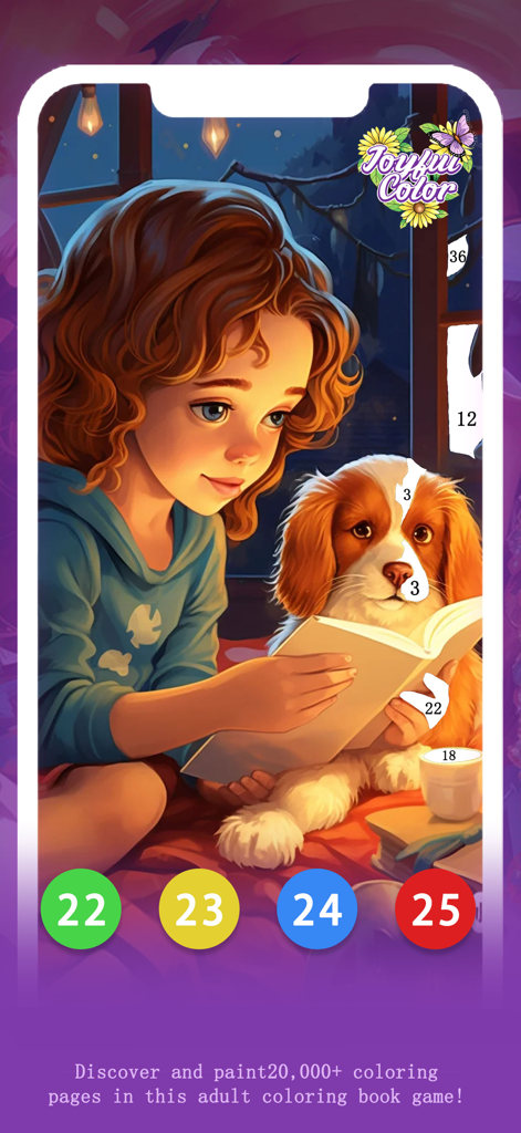 Joyful Color - Interface of Joyful Color app showing a numbered coloring page of a girl reading a book to a dog.
