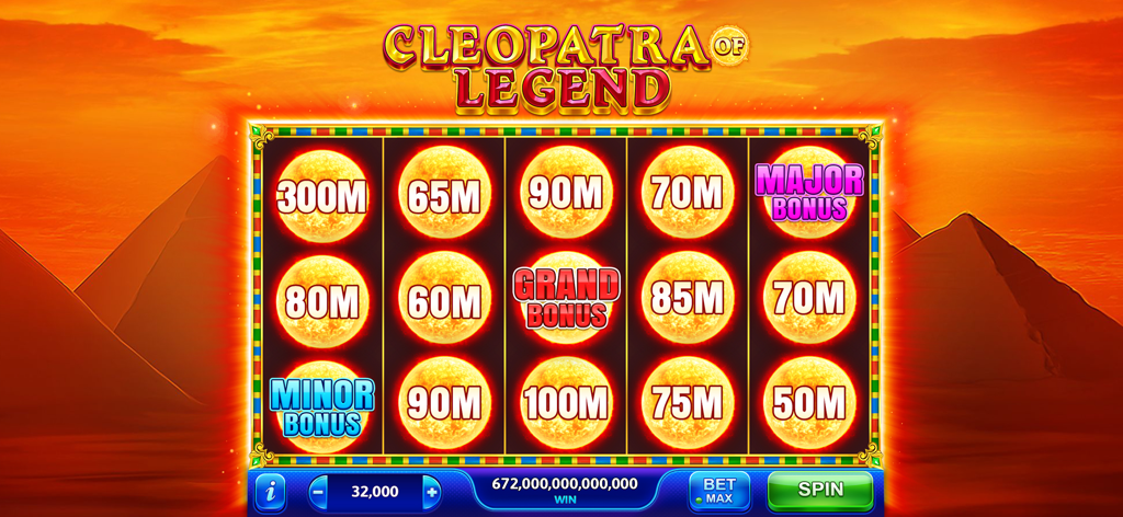 Golden Slots:Vegas Casino Game - Golden Slots Cleopatra of Legendゲーム画面、エジプトのピラミッド背景と光るジャックポットコインでビッグウィンを表示