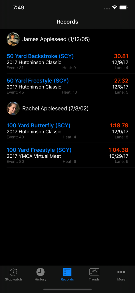Records screen in the RaceKeeper Swim app showing a list of swimming times and event details for multiple athletes.