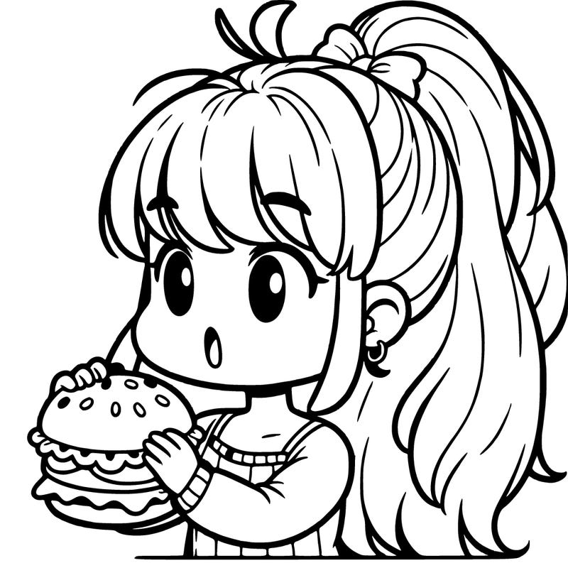 a girl that has a long pony tail eating a burger