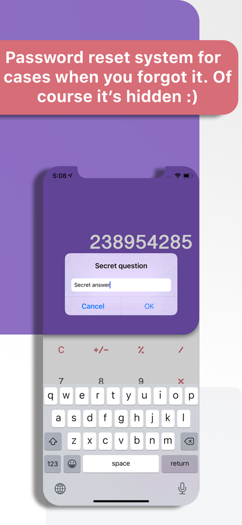 Calculator plus light app interface showing a secret question prompt for password recovery
