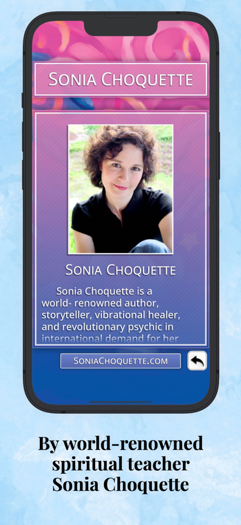 Ask Your Guides Oracle Cards - Author biography screen of Sonia Choquette in the oracle cards app