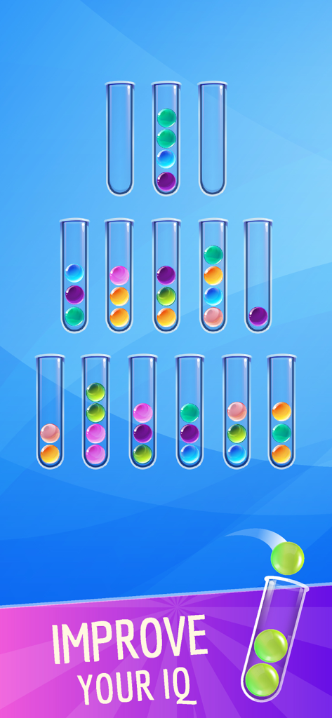 Colorful ball sorting puzzle game screen with test tubes and IQ challenge text.