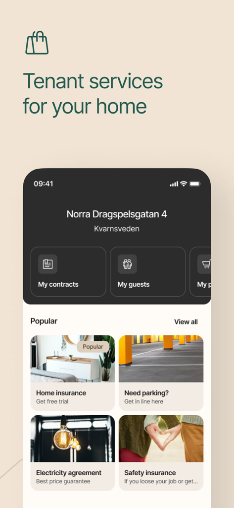 Dashboard of the Avy Resident App showing available tenant services like home insurance and parking