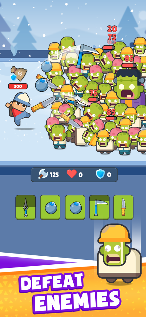 Backpack Hero: Merge Weapons - Personaje héroe atacando a una horda de zombis verdes con armas fusionadas en un entorno nevado