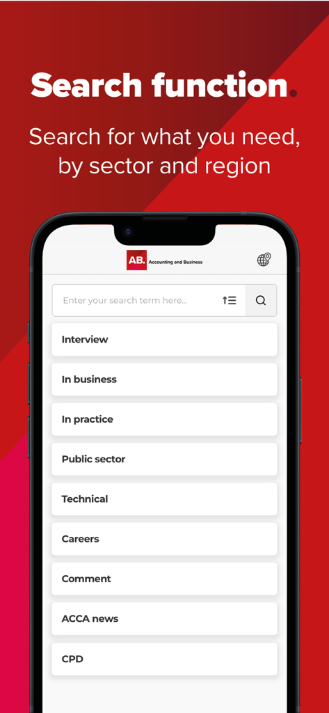 ACCA AB magazine - A mobile interface displaying the search function of the ACCA AB magazine app with category filters including technical news and CPD