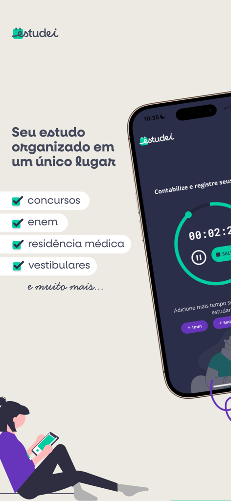 Estudei - Estudei study management app interface showing a timer and exam preparation categories for organized learning