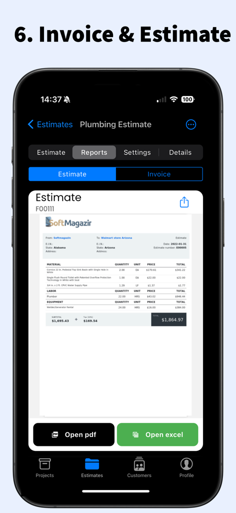 建設見積もりアプリ。スマートフォンにプロフェッショナルな配管見積もりレポートを表示しています。