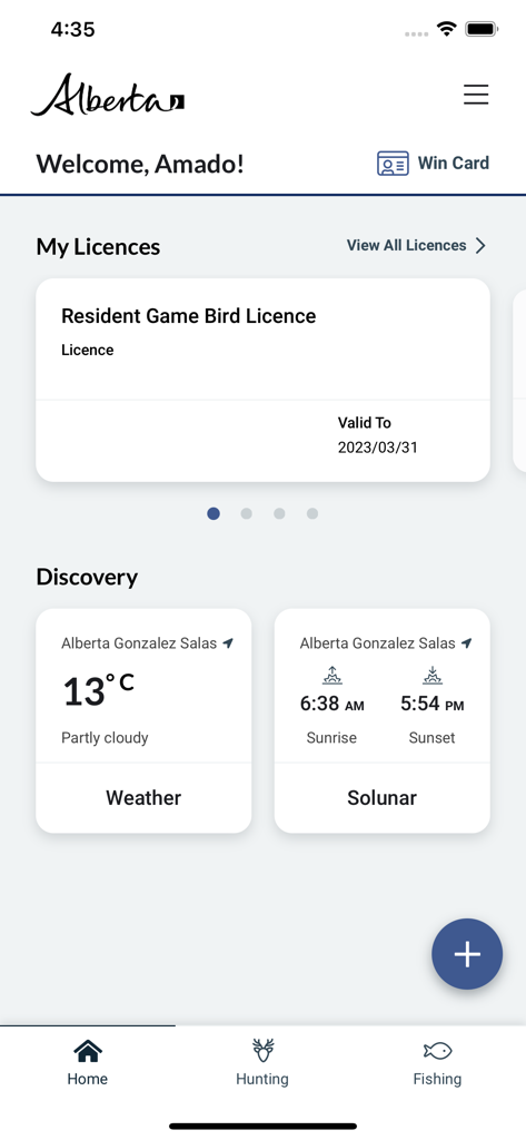 AlbertaRELM app home screen displaying hunting licences, weather, and solunar info.