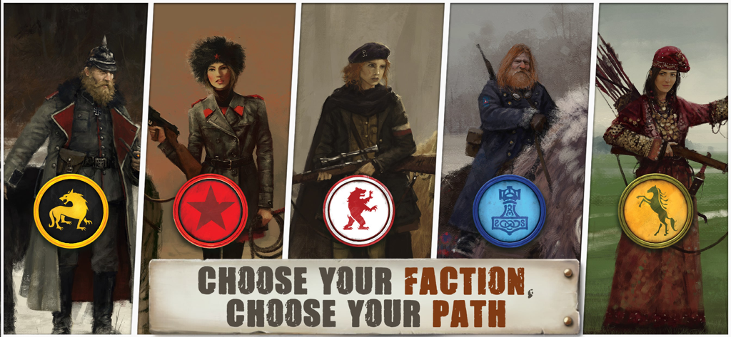 Cinco ilustraciones de personajes que representan diferentes facciones en Scythe: Edición Digital con el texto Elige tu facción, elige tu camino.