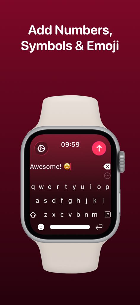 WristBoard - Watch Keyboard - Apple Watch muestra la interfaz del teclado QWERTY completo de WristBoard con un mensaje de texto y un emoji.