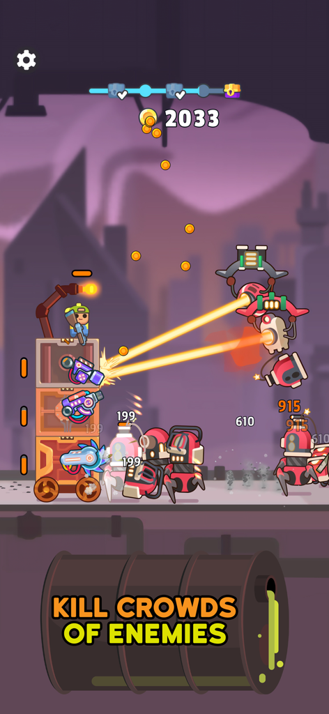 TDS - Tower Destiny Survive - Una torre móvil de varios niveles disparando láseres a una multitud de enemigos robóticos en TDS Tower Destiny Survive.