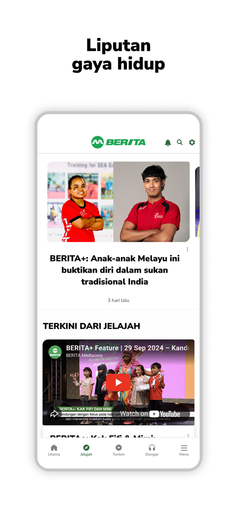 Interface of the BERITA Mediacorp app displaying lifestyle news articles and video content in Malay.