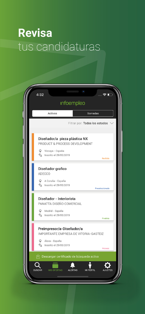 Infoempleo -Trabajo y empleo - iPhone에서 다양한 입사 지원 상태를 보여주는 Infoempleo 앱 인터페이스