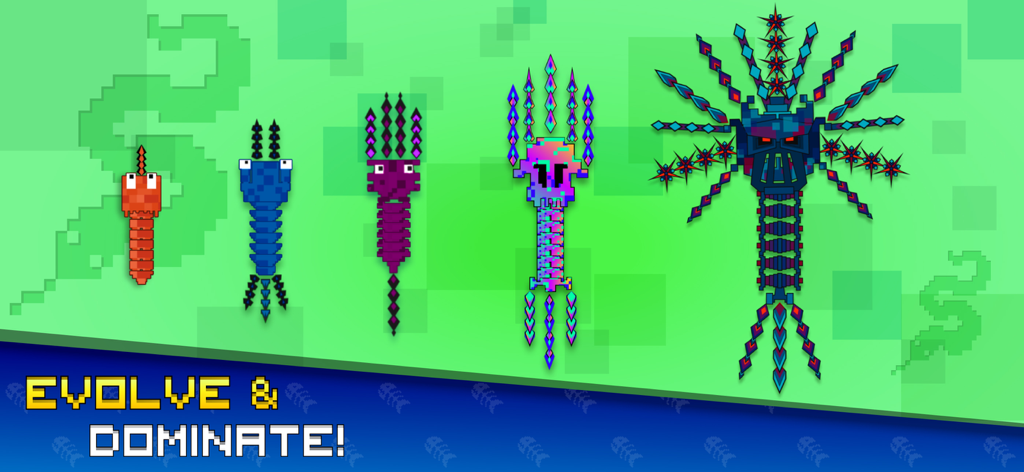 Evolution stages of pixel swordfish characters with the text evolve and dominate