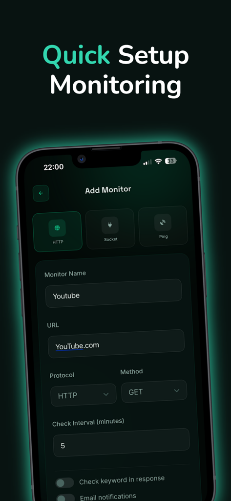 Screenshot of the Uptime Checker app showing the quick setup interface for adding a new website monitor with fields for name, URL, and check interval.