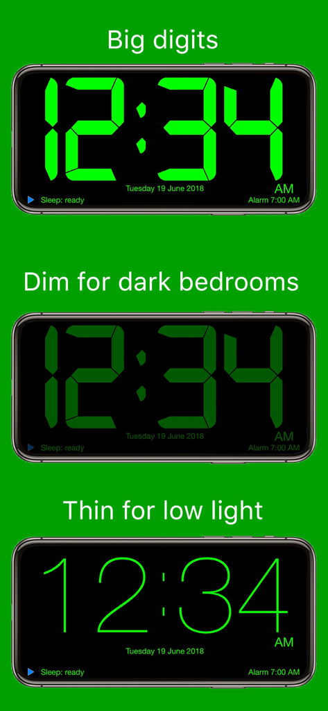 TalkingAlarm: Voice Clock - Three display styles of the TalkingAlarm app featuring green digital digits: Big digits, Dim for dark bedrooms, and Thin for low light.